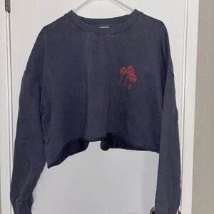 Outdoor Voices Blue Cropped Sweatshirt with Red Mushroom Design
